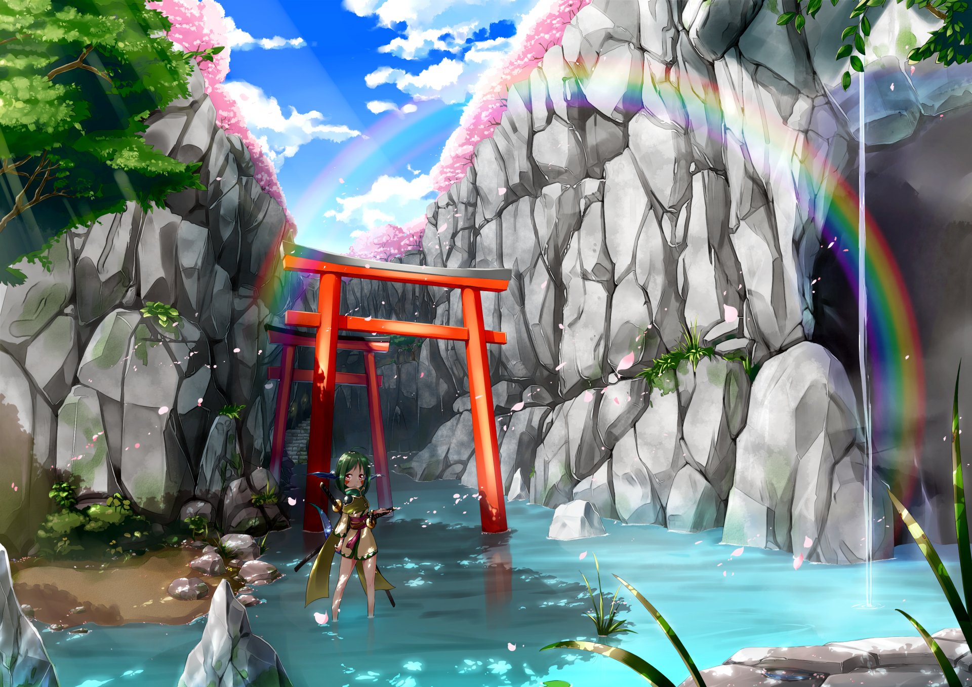Anime-style 4K Ultra HD desktop wallpaper featuring a vibrant red torii gate set in a serene rocky landscape with a rainbow arching over clear blue water.