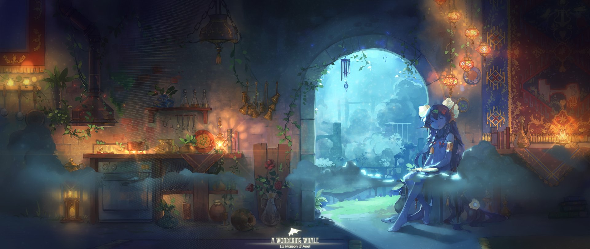 A serene anime scene featuring a character in a softly lit room, surrounded by ethereal decorations and nature, creating an enchanting atmosphere. HD desktop wallpaper.