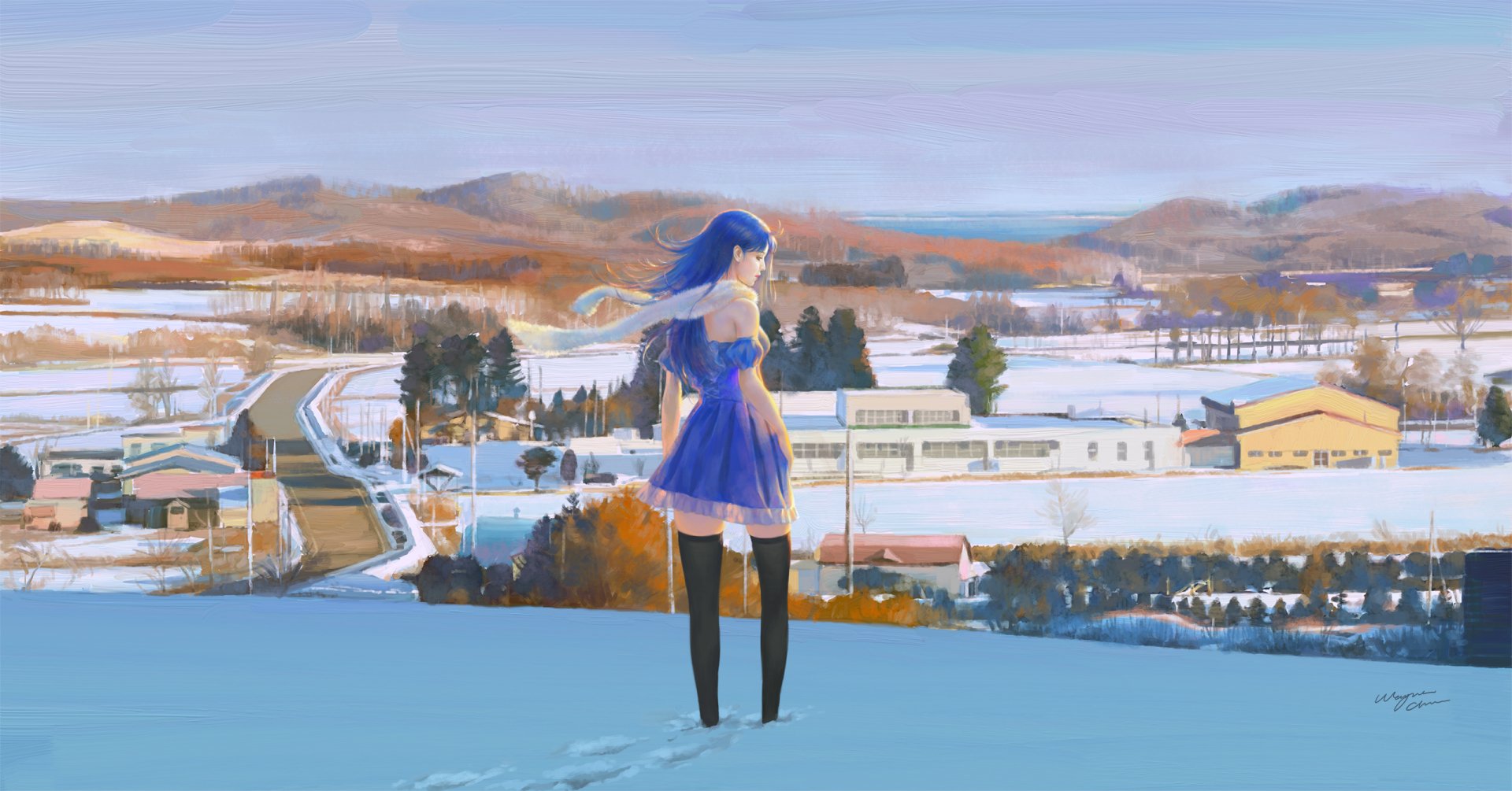 Anime-style HD wallpaper featuring a blue-haired girl in a blue dress, scarf, and thigh highs standing in a snowy winter landscape with distant hills.