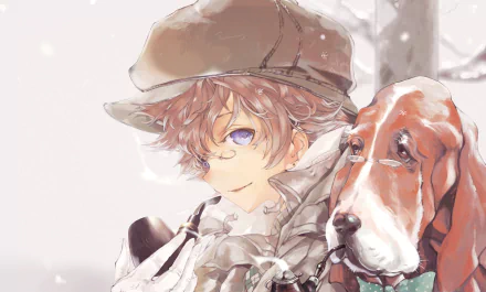 Anime-style HD desktop wallpaper featuring a young character with curly hair and a cap, accompanied by a large dog, set against a soft, light background.