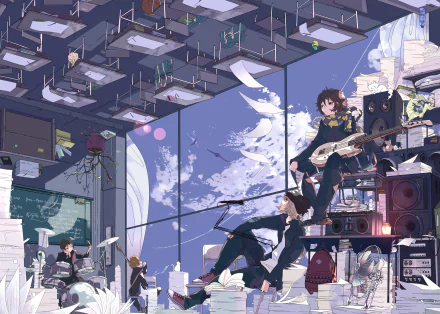 HD PC desktop wallpaper featuring anime characters playing musical instruments in a dynamic, futuristic room filled with speakers and floating papers.