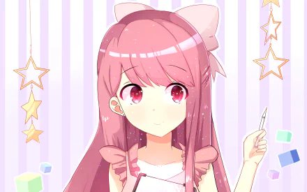 A vibrant HD wallpaper featuring Rin from Shelter, an anime character with pink hair and a bow, set against a backdrop of stars and pastel colors, creating a whimsical atmosphere.