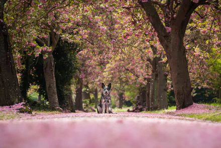 An Australian cattle dog (animal) sits on a blossom-strewn spring path beneath flowering trees; shallow depth of field, HD PC desktop wallpaper/background.