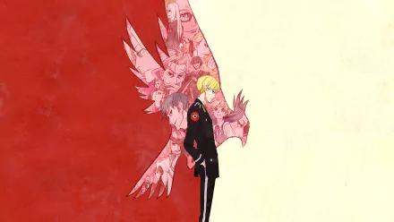 HD PC desktop wallpaper featuring a character from the anime ACCA: 13-ku Kansatsu-ka, set against a red and beige background with stylized bird and multiple faces.