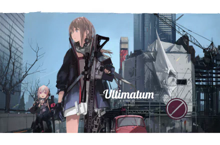 HD wallpaper from the video game Girls Frontline featuring two characters in a futuristic urban setting, one wielding a rifle, with a backdrop of modern architecture and construction.