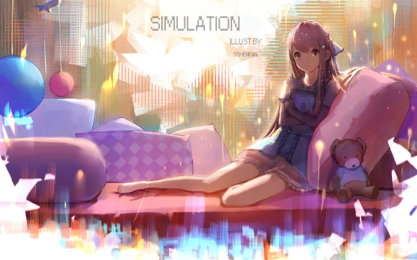 HD anime desktop wallpaper featuring Rin from Shelter, lounging on a colorful couch with a teddy bear and vibrant abstract background, with text reading SIMULATION and ILLUSTRBY.