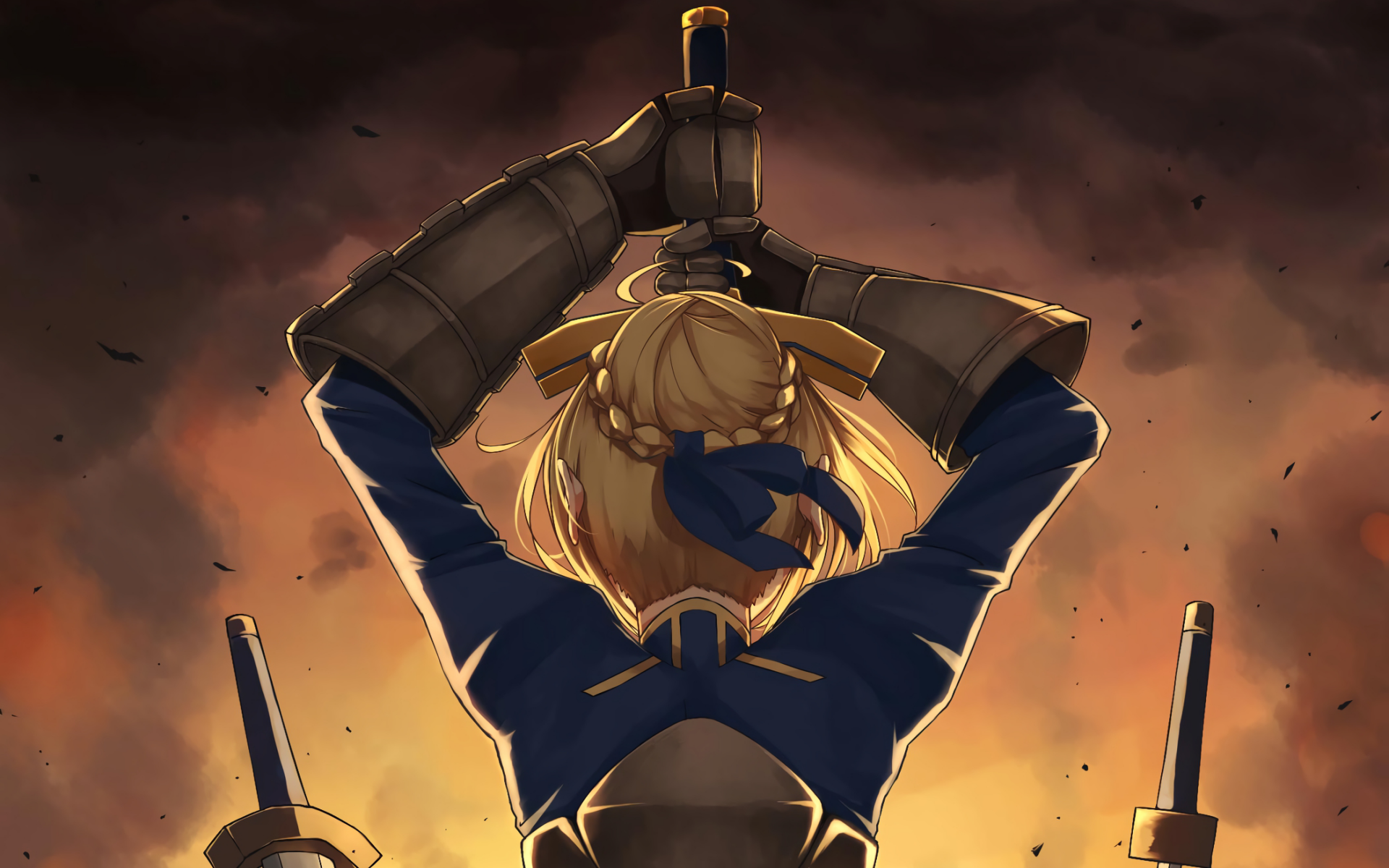 An HD wallpaper of Saber from the Fate Series, depicted from behind, wielding two swords against a dramatic, fiery background, embodying her heroic stance in Fate/Stay Night.
