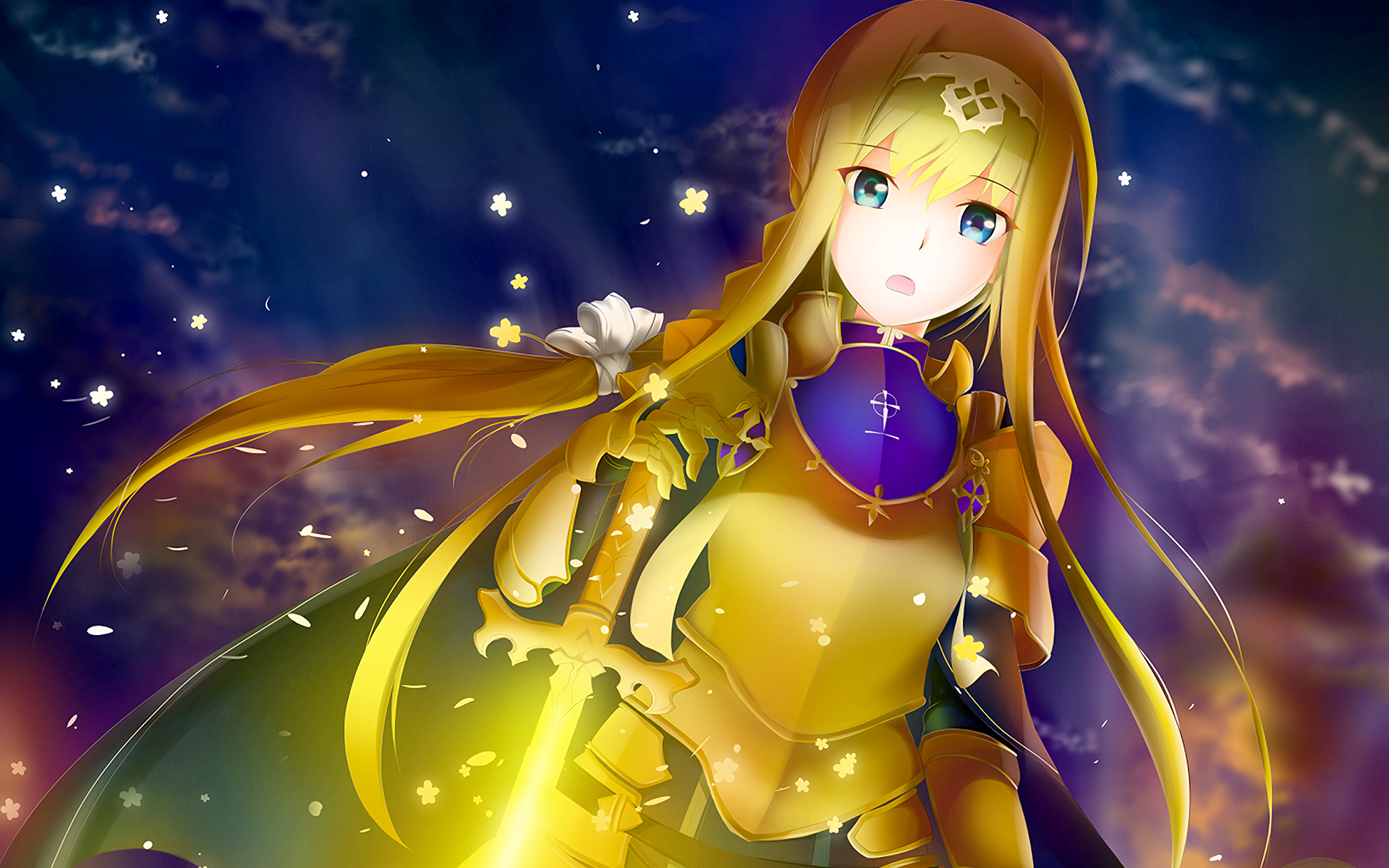 An HD desktop wallpaper featuring a character from Sword Art Online, adorned in golden armor and wielding a sword, set against a vibrant, starry background.