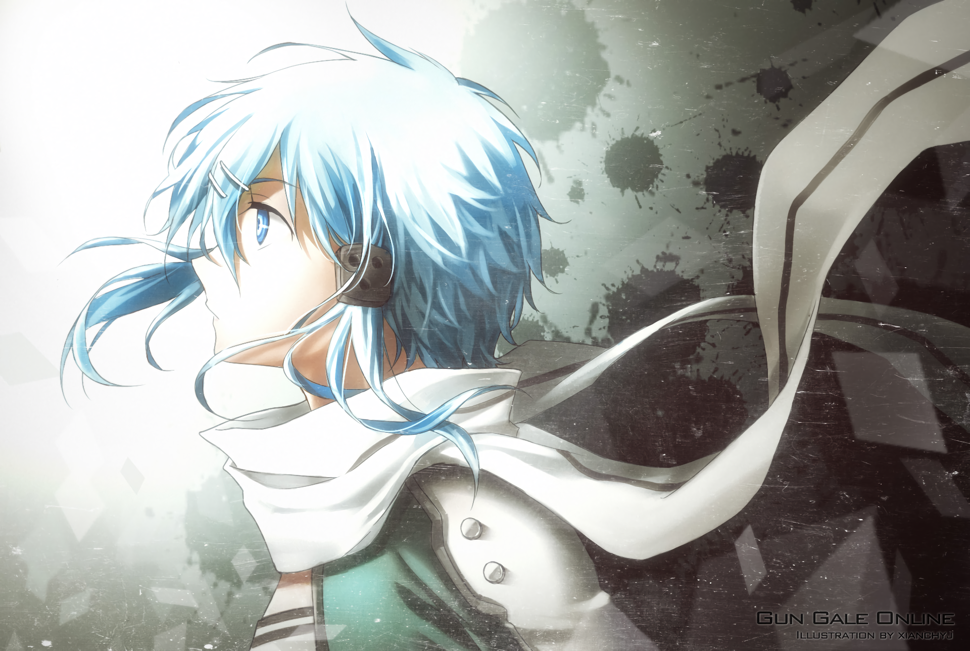 HD PC desktop wallpaper featuring Shino Asada from the anime Sword Art Online II with flowing hair and scarf against a light and textured background.