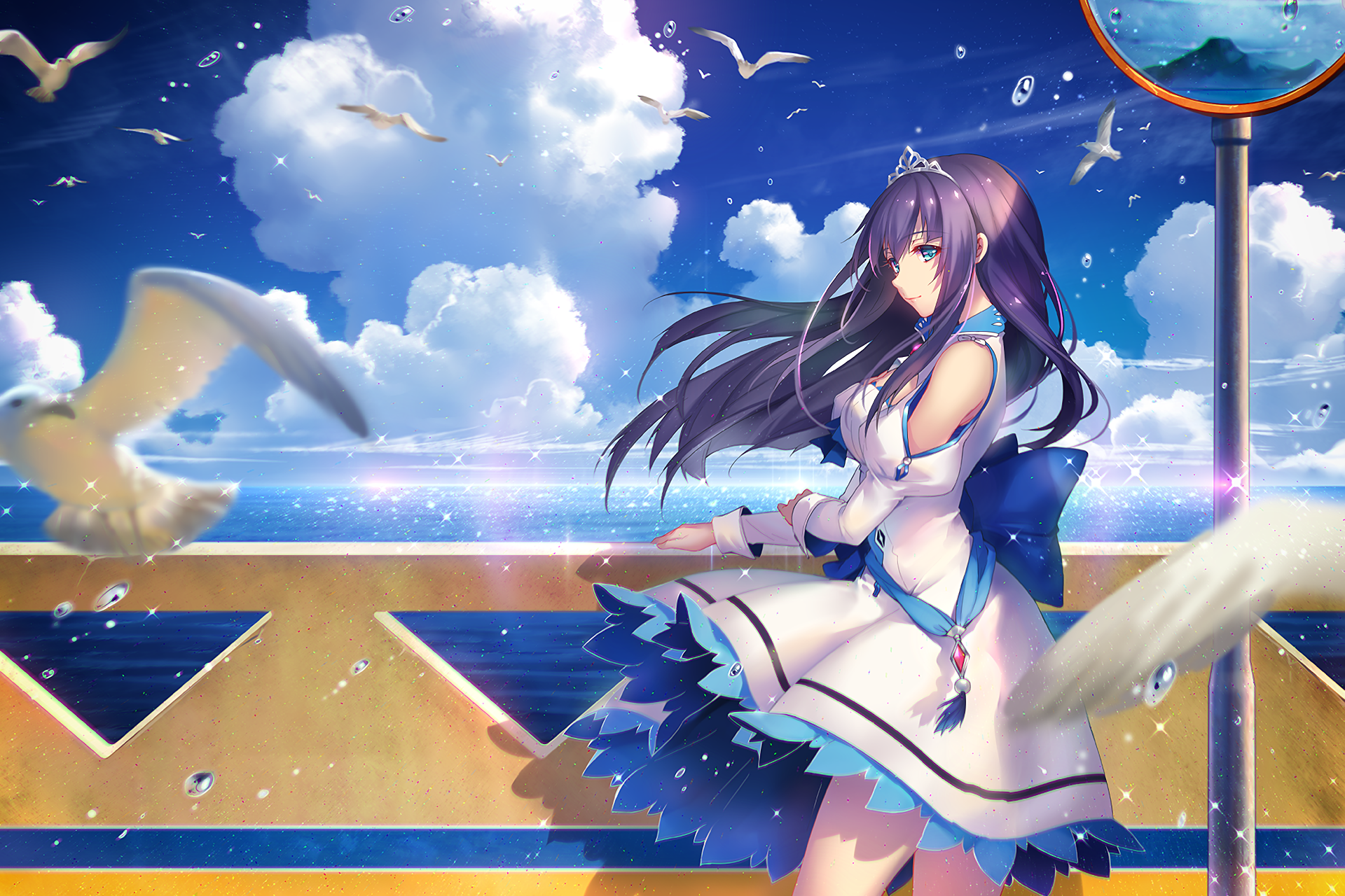 An original anime HD desktop wallpaper featuring a serene scene of a girl in a flowing dress by the sea, with seagulls flying against a backdrop of blue skies and fluffy clouds.
