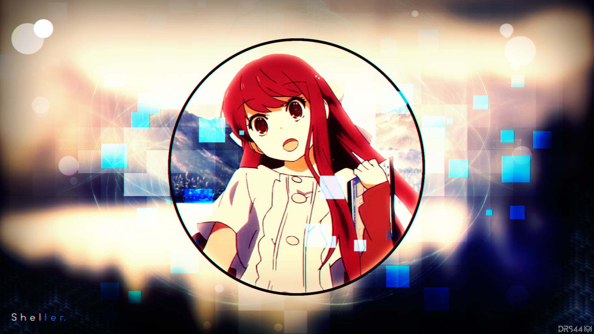 Rin from Shelter is featured in this vibrant HD anime wallpaper, set against a backdrop of geometric shapes and soft colors, creating a captivating digital atmosphere.