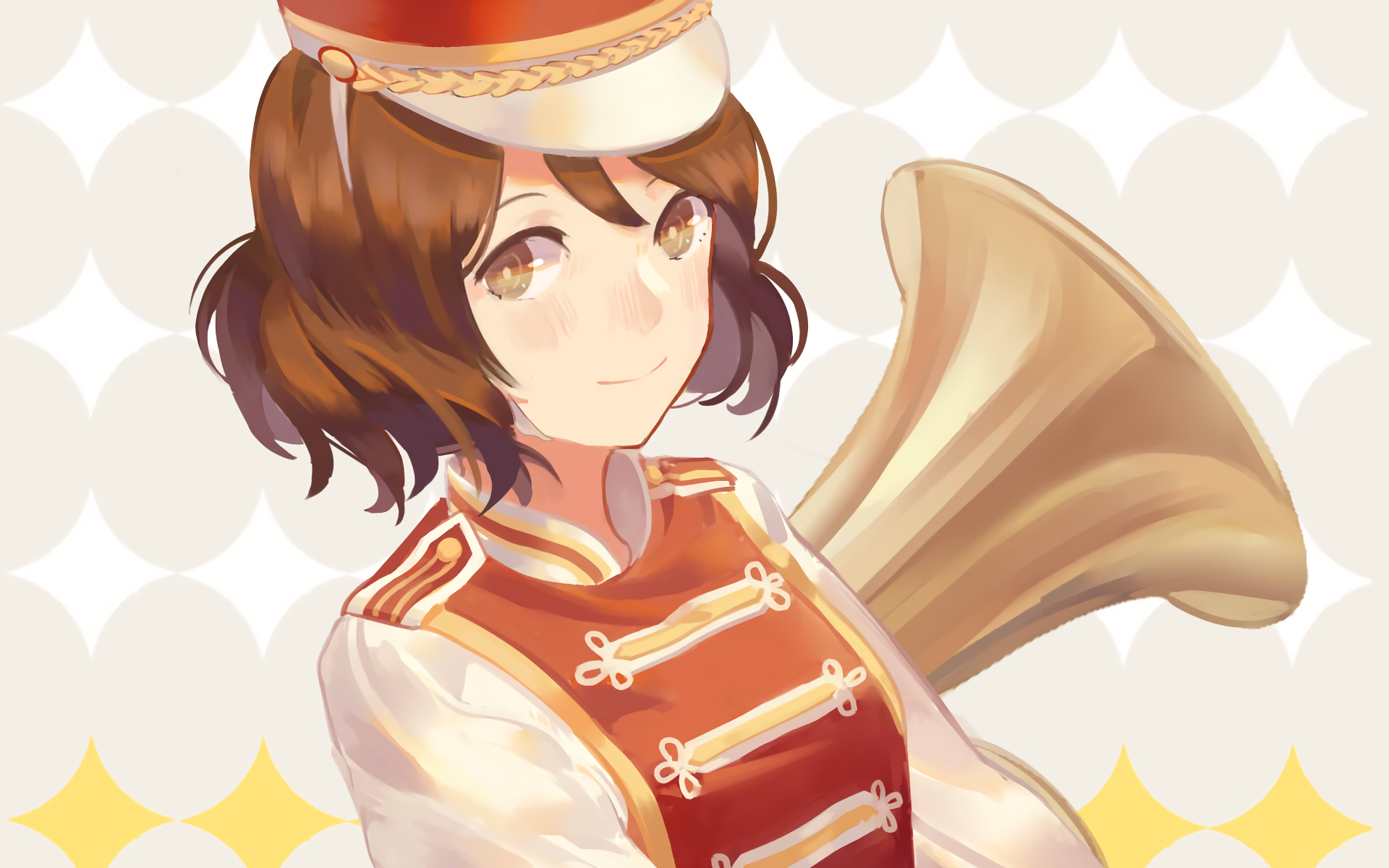 Anime HD PC desktop wallpaper and background featuring a Sound! Euphonium character in a red marching-band uniform holding a euphonium against a pale star-patterned backdrop.