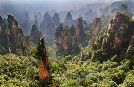 HD desktop wallpaper of towering cliffs and lush forests in Hunan, China, showcasing breathtaking natural beauty.
