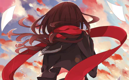 Anime Kagerou Project HD PC desktop wallpaper and background: rear view of a girl with windswept hair and a flowing red scarf against a dramatic sunset sky with drifting papers.