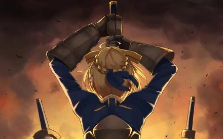 An HD wallpaper of Saber from the Fate Series, depicted from behind, wielding two swords against a dramatic, fiery background, embodying her heroic stance in Fate/Stay Night.