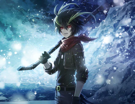 HD PC desktop wallpaper: anime Ice Scream character with red eyes and scarf, gripping an icy crowbar amid snow and a moonlit glacier backdrop.
