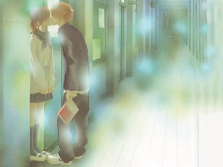 Nanami Takahashi and Motoharu Yano share a tender moment in this HD anime wallpaper from We Were There, set in a softly lit school corridor.