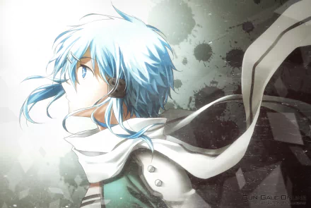 HD PC desktop wallpaper featuring Shino Asada from the anime Sword Art Online II with flowing hair and scarf against a light and textured background.