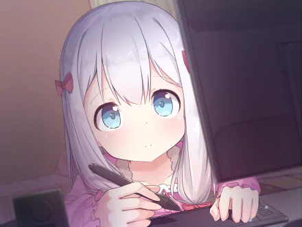HD desktop wallpaper of Sagiri Izumi from the anime EroManga-Sensei, depicted with her signature blue eyes and long white hair, holding a writing pen and staring at a monitor.