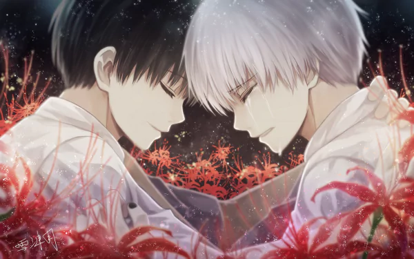 An HD desktop wallpaper featuring an emotional scene from Tokyo Ghoul with Ken Kaneki, showcasing two characters with black and white hair, surrounded by red flowers, crying with tears streaming down their faces.