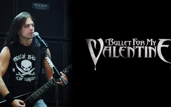 HD desktop wallpaper of Bullet For My Valentine featuring a guitarist performing on the left and the band's logo on the right.