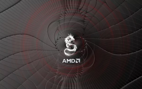 HD PC desktop wallpaper featuring a futuristic dragon logo with AMD branding, set against a dark, abstract, tech-inspired background.