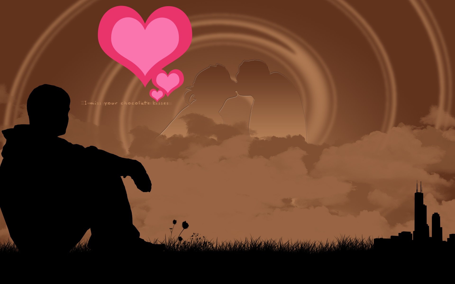 Artistic HD desktop wallpaper featuring a silhouette of a seated person, pink heart symbols, and a city skyline against a dreamy brown and beige background. Love theme.