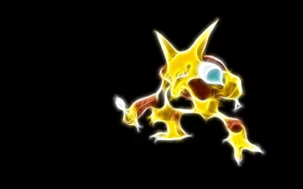 Alakazam from Pokémon is depicted in vibrant colors against a black background, showcasing its psychic powers. This HD image serves as an engaging desktop wallpaper for gamers.