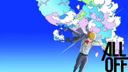 HD PC desktop wallpaper featuring Arataka Reigen from the anime Mob Psycho 100, depicted with vibrant pastel clouds and dynamic motion in the background.