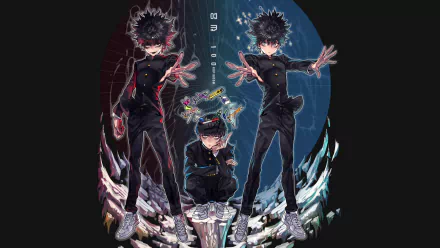 HD wallpaper featuring Shigeo Kageyama from the anime Mob Psycho 100, showcasing his powerful abilities and dynamic poses against a stylized background.