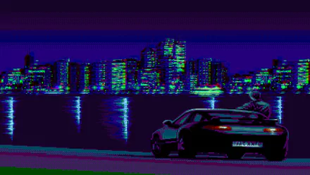 A retro wave and chillwave aesthetic showcases a car parked by a city waterfront, illuminated by vibrant neon lights reflecting on the water. This HD wallpaper exudes artistic appeal.