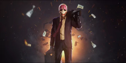 A character from the video game Payday 2 stands confidently in a suit, holding a bag of money, with banknotes swirling around in a dramatic 4K Ultra HD backdrop.