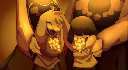 HD wallpaper featuring characters Asgore, Toriel, Chara, and Asriel from the video game Undertale, depicted with flowers in a warm, glowing light.