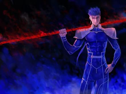 HD PC desktop wallpaper featuring an anime character from Fate/Stay Night, holding a glowing red spear against a dark, fiery background.