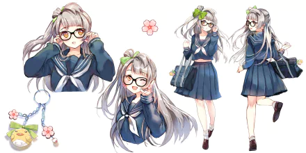 HD PC wallpaper featuring Kotori Minami from Love Live! in various poses wearing a navy blue school uniform and glasses, accented with cherry blossom motifs.