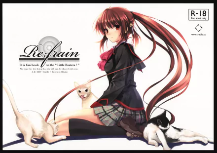 HD anime wallpaper featuring a character from Little Busters! sitting with two cats, one white and one black, against a white background with red string connecting elements.
