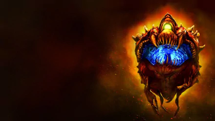 HD PC desktop wallpaper of the Cacodemon from Doom (2016) — a floating red video game monster with a glowing blue maw against a dark, smoky background.