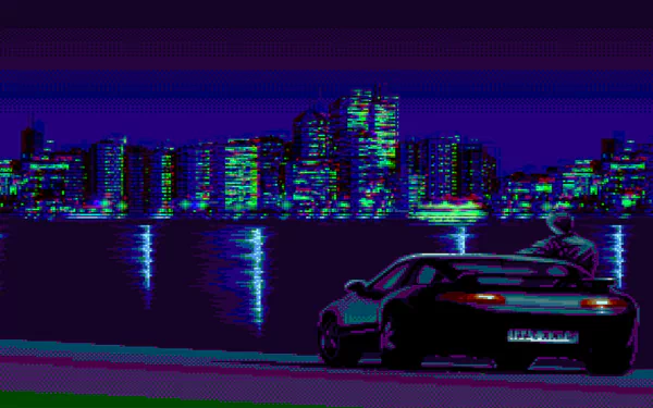 A retro wave and chillwave aesthetic showcases a car parked by a city waterfront, illuminated by vibrant neon lights reflecting on the water. This HD wallpaper exudes artistic appeal.