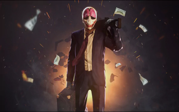 A character from the video game Payday 2 stands confidently in a suit, holding a bag of money, with banknotes swirling around in a dramatic 4K Ultra HD backdrop.