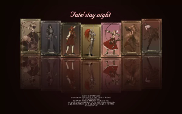 HD PC desktop wallpaper featuring anime characters from Fate/Stay Night, with a dark, reflective background and the title elegantly displayed above.