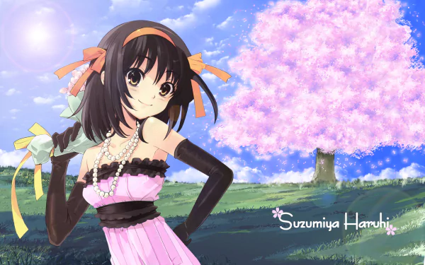Haruhi Suzumiya from The Melancholy of Haruhi Suzumiya stands in a field under a bright sky with a large cherry blossom tree in the background in this HD anime desktop wallpaper.