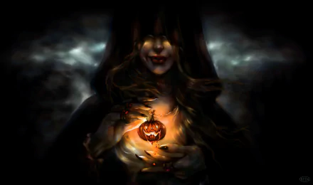 A dark, eerie figure holding a glowing jack-o'-lantern, set against a stormy backdrop, creating a chilling Halloween atmosphere in 4K Ultra HD.