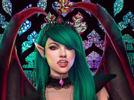 HD PC wallpaper of a dark vampire elf with green hair, purple eyes, and fangs, set against a vibrant stained glass background.