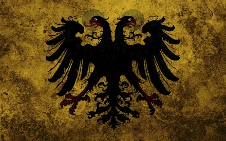 HD desktop wallpaper featuring the black double-headed eagle emblem of Prussia, associated with the flags of the Holy Roman Empire, on a textured gold background.