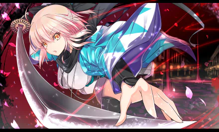 Anime-style HD desktop wallpaper featuring Sakura Saber from Fate/KOHA-ACE wielding a katana, with short hair and striking yellow eyes in an intense action pose.