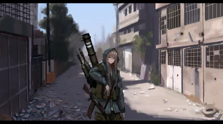 HD PC desktop wallpaper and background — anime military scene: hooded female soldier carrying a rocket launcher and rifle stands in a rubble-strewn, sunlit ruined urban street.