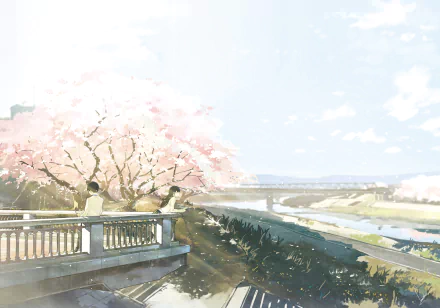HD anime desktop wallpaper featuring a serene spring scene with sakura cherry blossoms in full bloom along a riverside under a bright sky.