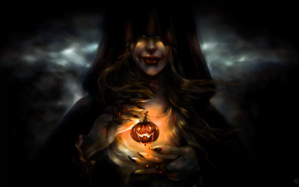 A dark, eerie figure holding a glowing jack-o'-lantern, set against a stormy backdrop, creating a chilling Halloween atmosphere in 4K Ultra HD.