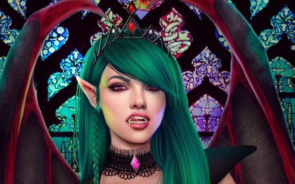 HD PC wallpaper of a dark vampire elf with green hair, purple eyes, and fangs, set against a vibrant stained glass background.