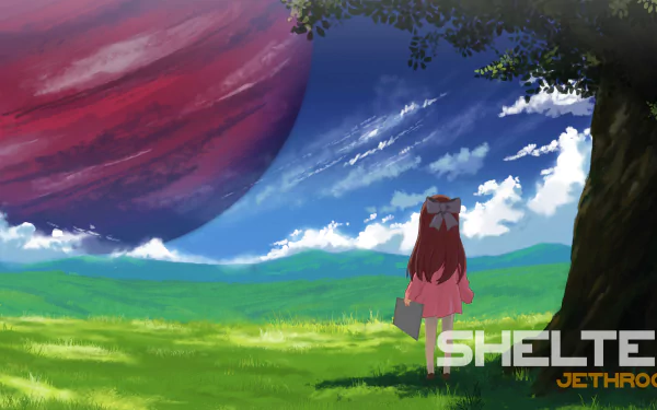 4K Ultra HD PC desktop wallpaper featuring Rin from the anime Shelter, standing on a grassy field under a dramatic sky with a large red planet overhead.